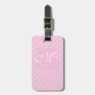 Pink and White Diagonal Stripes & Script Monogram Luggage Tag