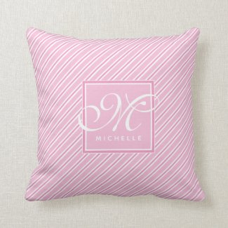 Pink and White Diagonal Stripes & Script Monogram Throw Pillow