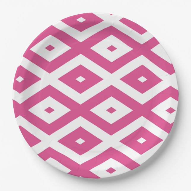 Pink and white diamond pattern paper plates (Front)