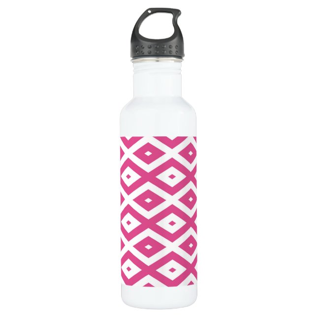 Pink and white diamond pattern stainless steel water bottle (Front)