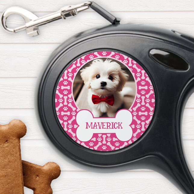 Pink And White Dog Bone Paw Pattern Pet Photo Retractable Pet Leash (Creator Uploaded)