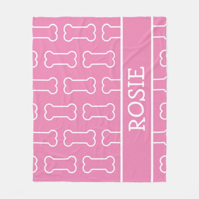 Pink and White Dog Bone Personalized Pet Fleece Blanket (Front)