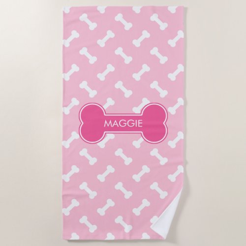 Pink And White Dog Bones Pattern With Custom Name Beach Towel