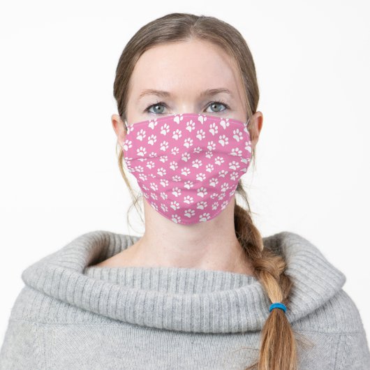 Pink and White Dog Pawprint Stencil Adult Cloth Face Mask (Worn)
