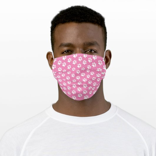 Pink and White Dog Pawprint Stencil Adult Cloth Face Mask (Worn)