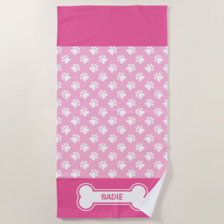 Pink And White Dog Paws And Bone With Custom Name Beach Towel