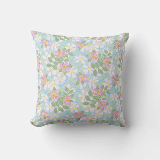 Pink and White Dog Roses Pattern on Sky Blue Throw Pillow
