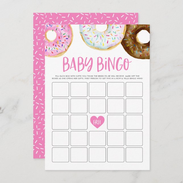 Pink and White Donuts Baby Shower Bingo Game Card (Front/Back)