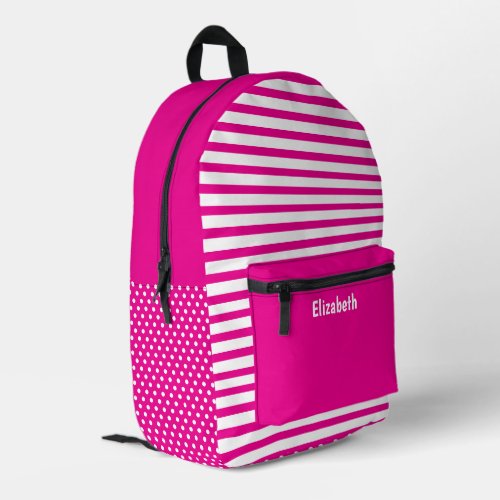 Pink and White Dots Dotted Striped Pattern Name Printed Backpack