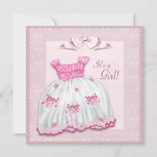 Pink White Dress Pink Baby Girl Shower Personalized Invite