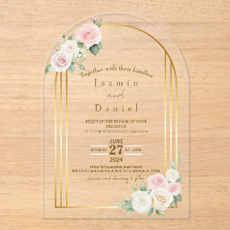 Pink And White Dusky Rose Blooms Gold Wedding  Acrylic Invitations