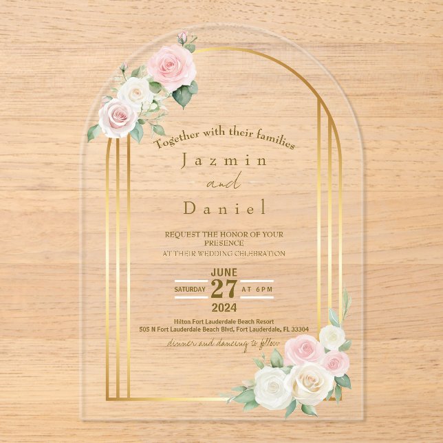 Pink And White Dusky Rose Blooms Gold Wedding  Acrylic Invitations (Front)