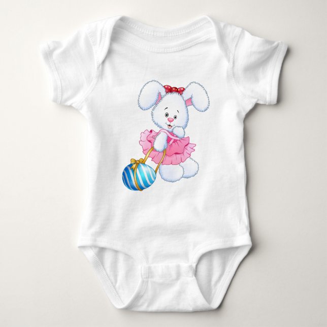 Pink and White Easter Bunny Rabbit with Easter Egg Baby Bodysuit (Front)