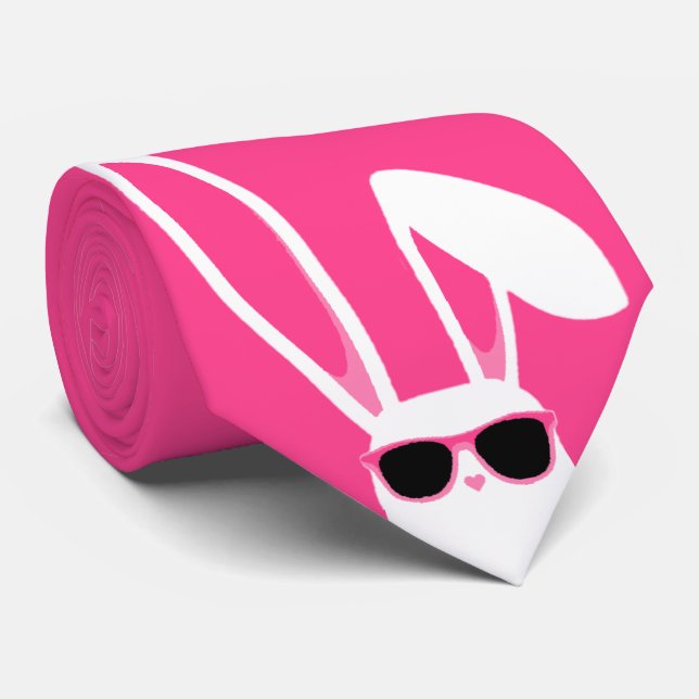 Pink and White Easter Bunny Wearing Sunglasses Neck Tie (Rolled)