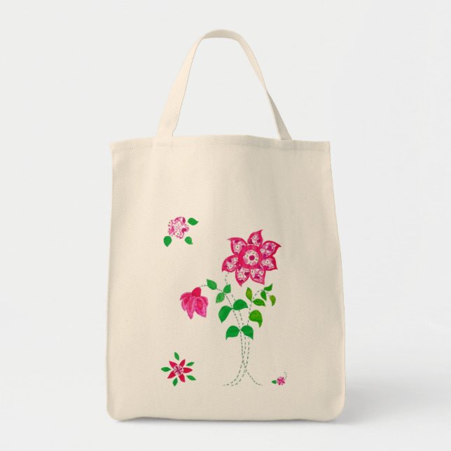 Pink and White Faux Applique Flowers Tote Bag (Front)