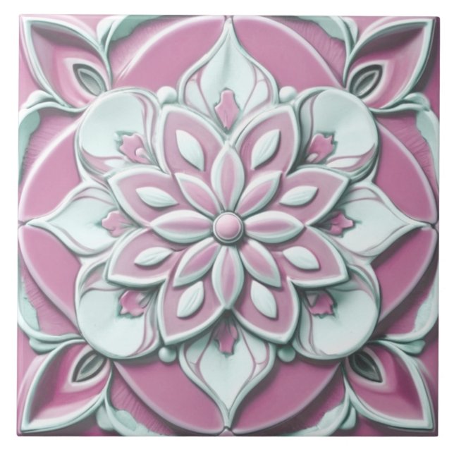 Pink and White Faux Relief Floral Flower Ceramic Tile (Front)