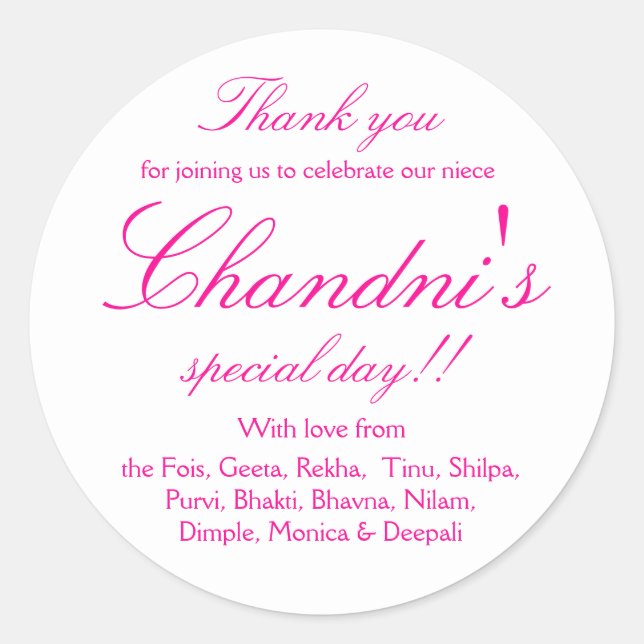 Pink and white favor thank you stickers (Front)