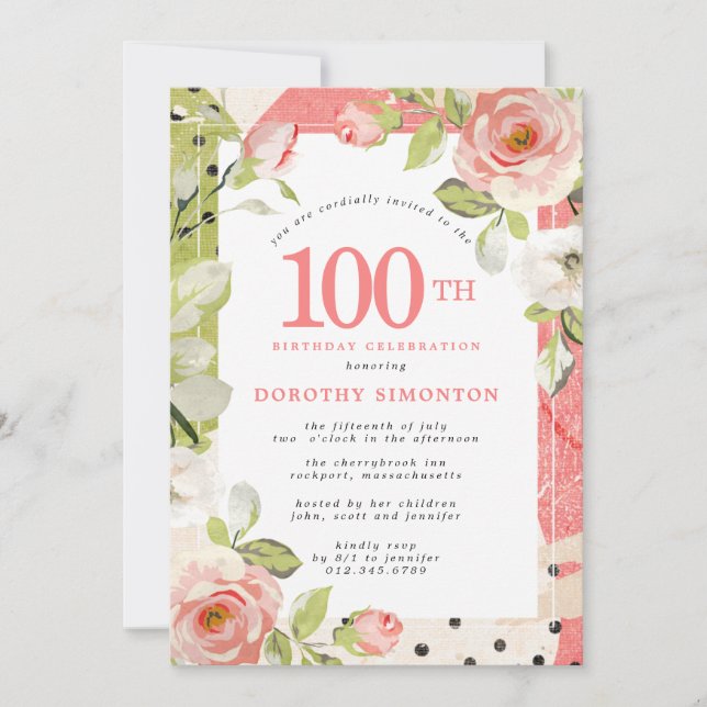 Pink and White Floral 100th Birthday Invitation (Front)