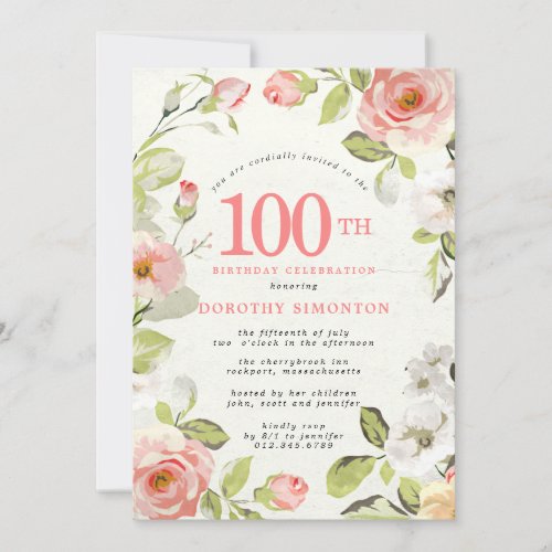 Pink and White Floral 100th Birthday Invitation