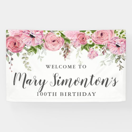 Pink and White Floral 100th Birthday Party Welcome Banner