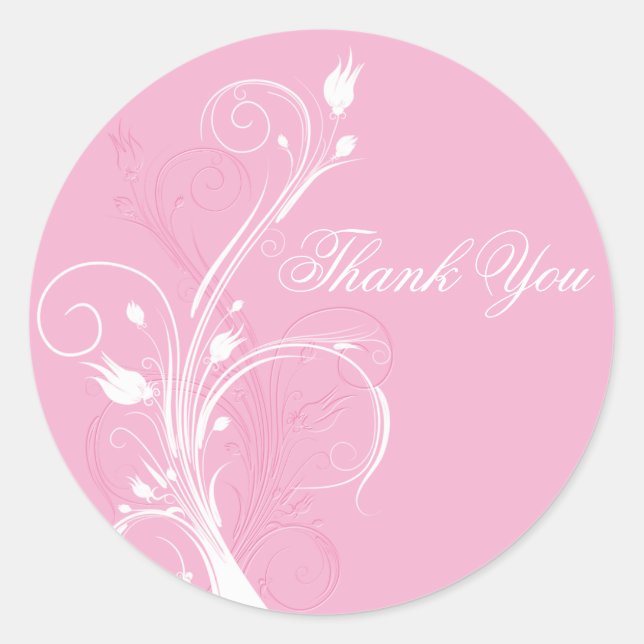 Pink and White Floral 1.5" Round Thank You Sticker (Front)