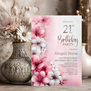 Pink and White Floral 21st Birthday Party Invitation
