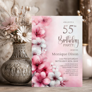 Pink and White Floral 55th Birthday Party Invitation