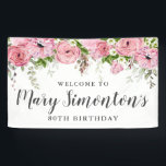 Pink and White Floral 80th Birthday Party Welcome Banner<br><div class="desc">Rustic and elegant. Pink roses and white flowers and lots of greenery,  leaves and vines join together to create a beautiful floral border along the top of this 80th birthday banner.  Please contact me if you need help customizing it or finding coordinating items.</div>