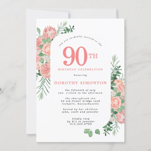 Pink and White Floral 90th Birthday Invitation