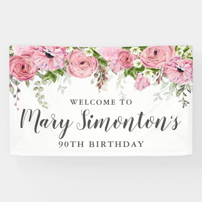 Pink and White Floral 90th Birthday Party Welcome Banner (Horizontal)