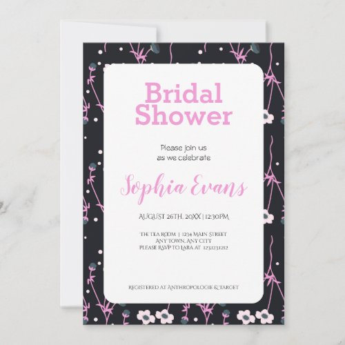 Pink and White Floral Border White Bridal Shower Invitation