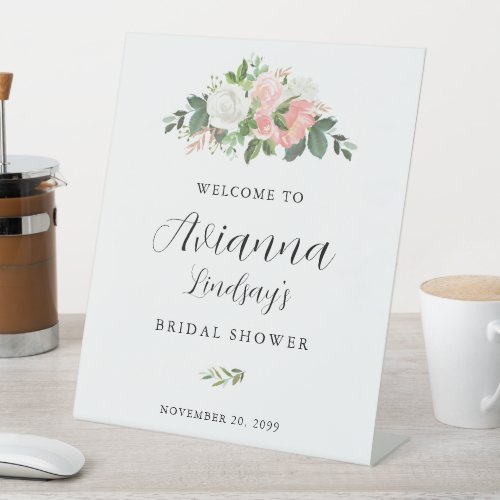 Pink and White Floral Bridal Shower Welcome Pedestal Sign