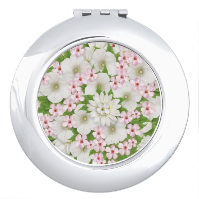 Pink and white floral compact mirror (Front)