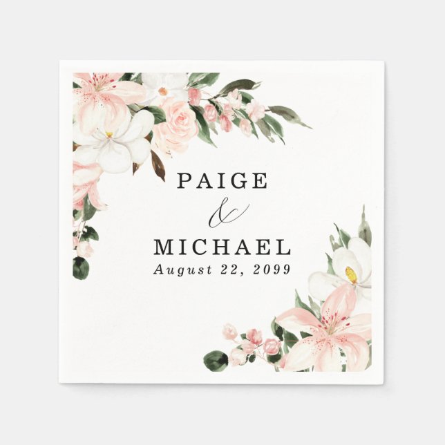 Pink and White Floral Custom Wedding Napkins (Front)