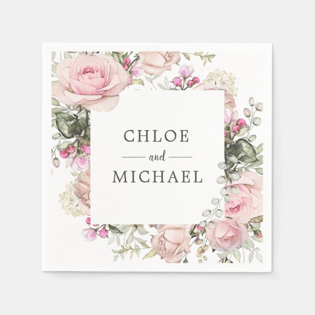 Pink and White Floral Custom Wedding Napkins (Front)