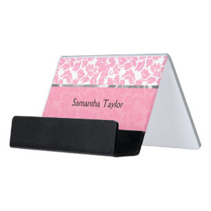 Pink And White Floral Damask Desk Business Card Holder