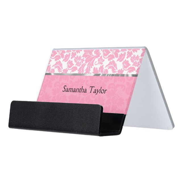 Pink And White Floral Damask Desk Business Card Holder (Angled Front)