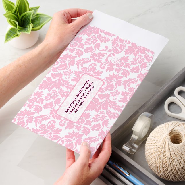 Pink and white floral damask envelope mailers (Desk)