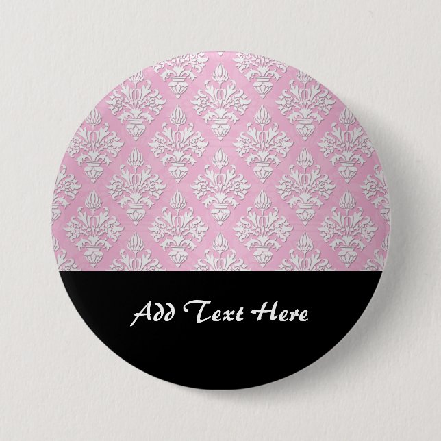 Pink and White Floral Damask Pattern Button (Front)
