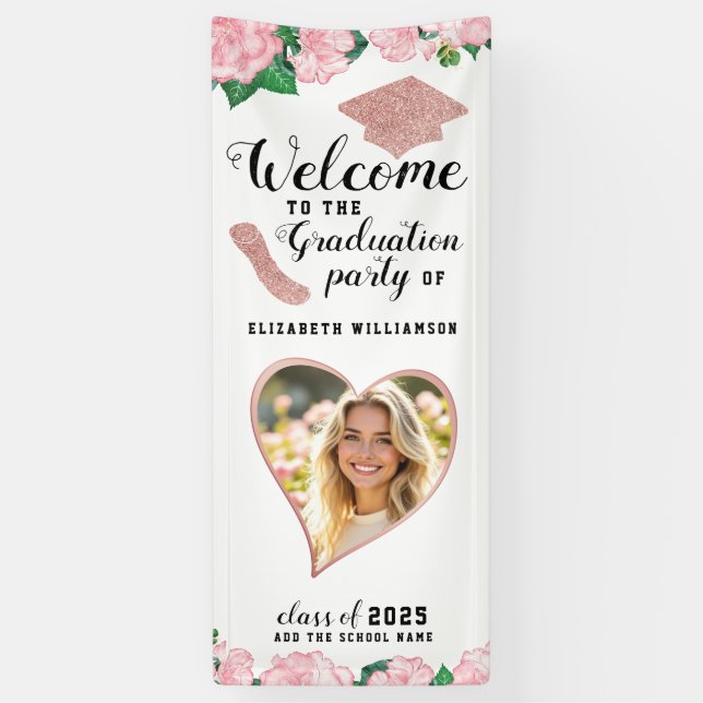 Pink and White Floral Elegant Graduation Welcome Banner (Vertical)