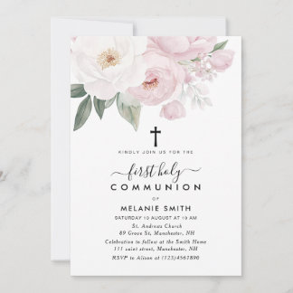 pink and white floral first holy communion invitation