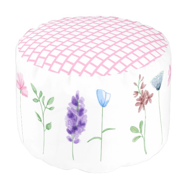 Pink and White Floral Garden Watercolor Pouf (Angled Front)
