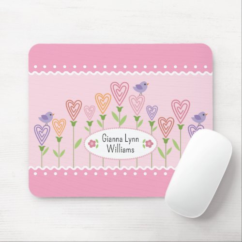 Pink and White Floral Hearts Monogrammed Mouse Pad