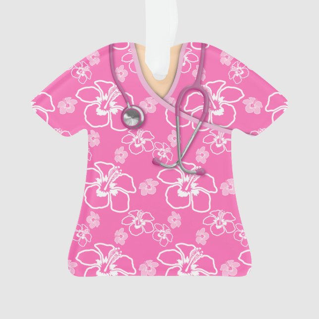 Pink And White Floral Medical Scrubs Ornament (Front)