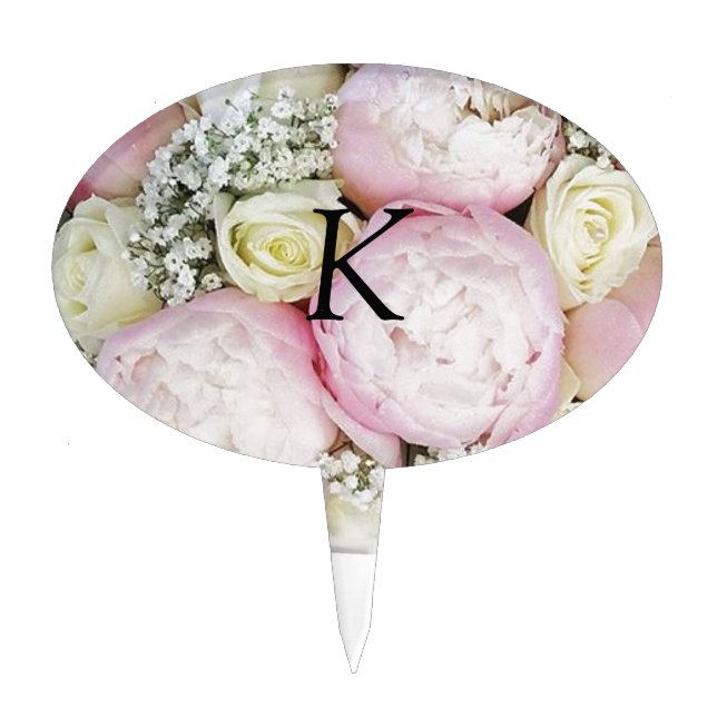 Pink and White Floral Monogram  Cake Topper (Front)