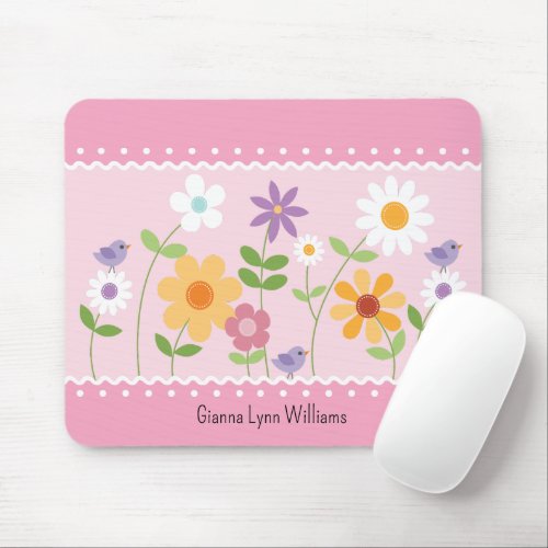 Pink and White Floral Monogrammed Mouse Pad