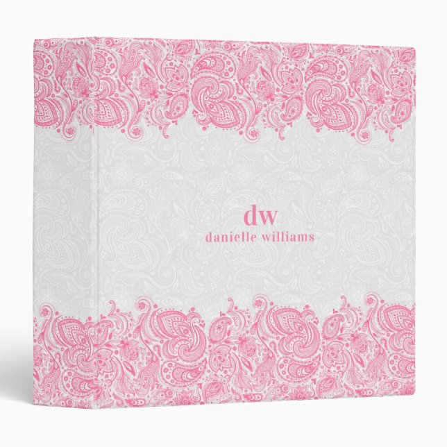 Pink And White Floral Paisley Lace Wedding Planner 3 Ring Binder (Front/Spine)