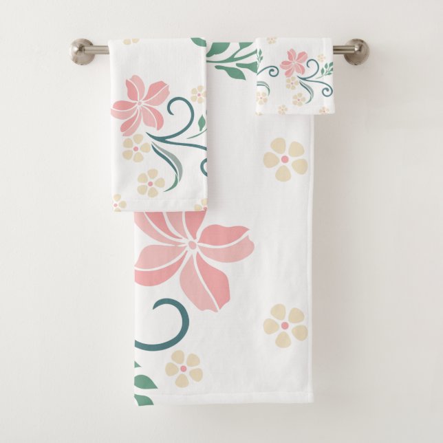 Pink and White Floral Pattern Bath Towel Set (Insitu)