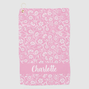 Pink And White Floral Personalized Name Women Golf Towel