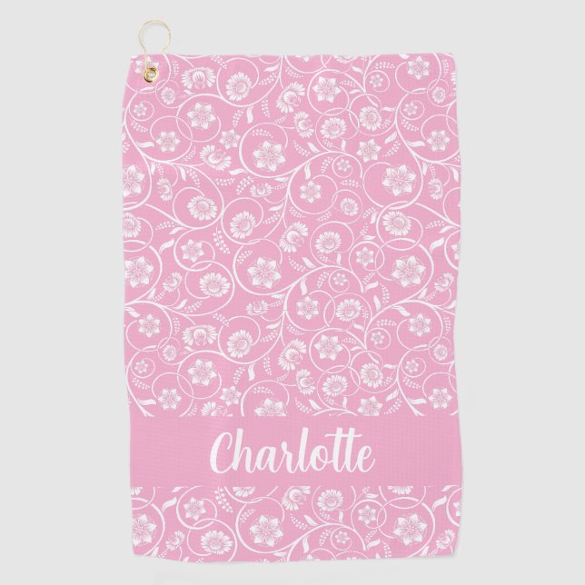Pink And White Floral Personalized Name Women Golf Towel (Front)